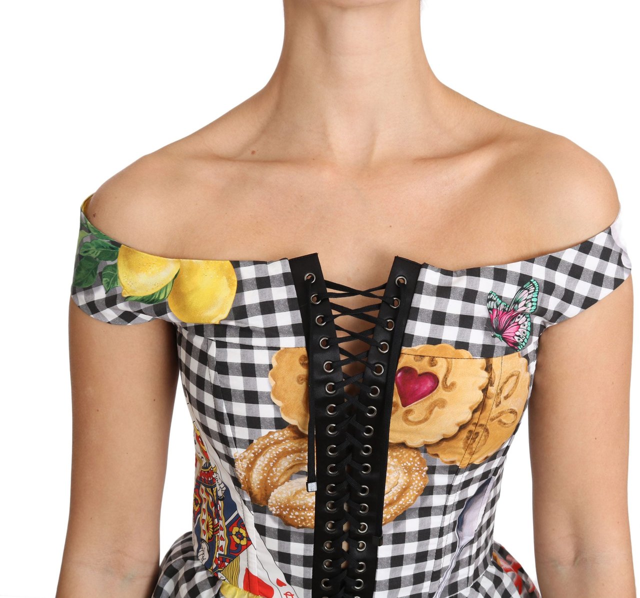 Dolce & Gabbana Black and White Corset Blouse Sicily Lemon Check Top Goud