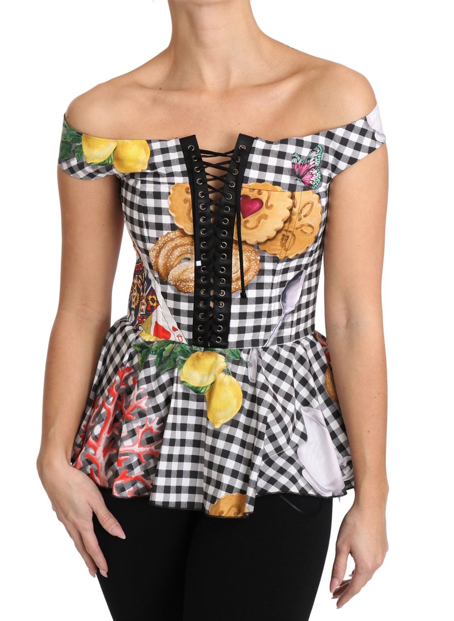 Dolce & Gabbana Black and White Corset Blouse Sicily Lemon Check Top Goud