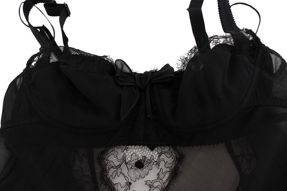 Dolce & Gabbana Black Silk Floral Lace Lingerie Top Zwart