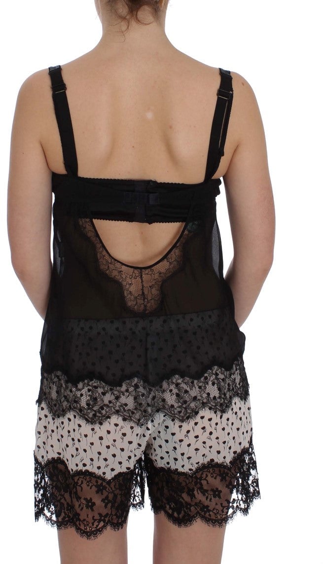 Dolce & Gabbana Black Silk Floral Lace Lingerie Top Zwart