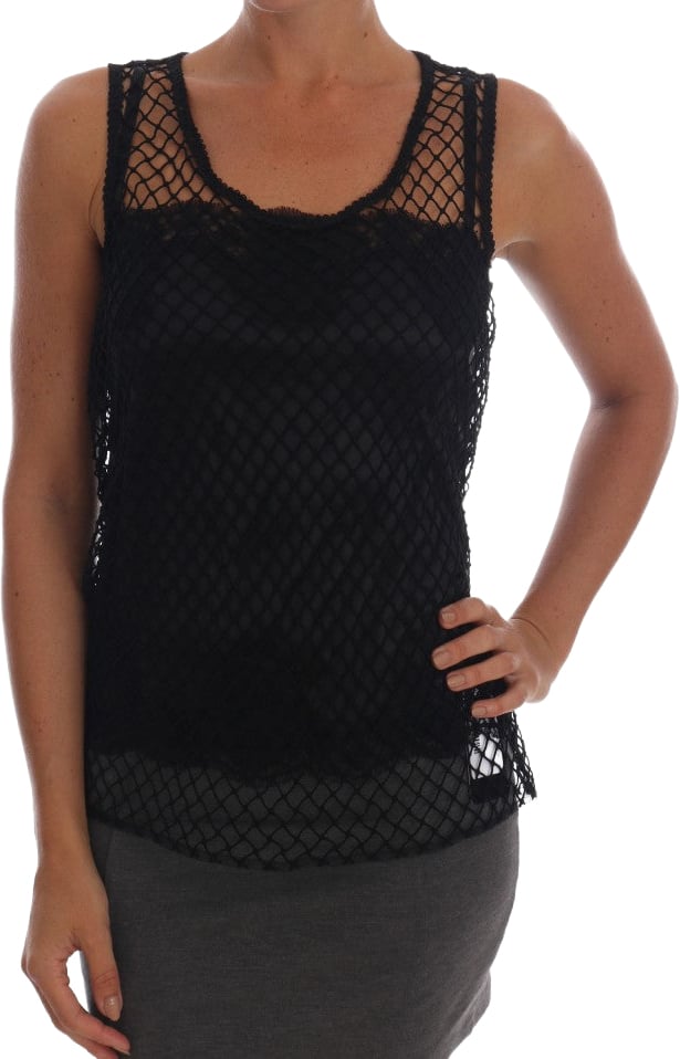 Dolce & Gabbana Black Silk Mesh Floral Lace Top Zwart