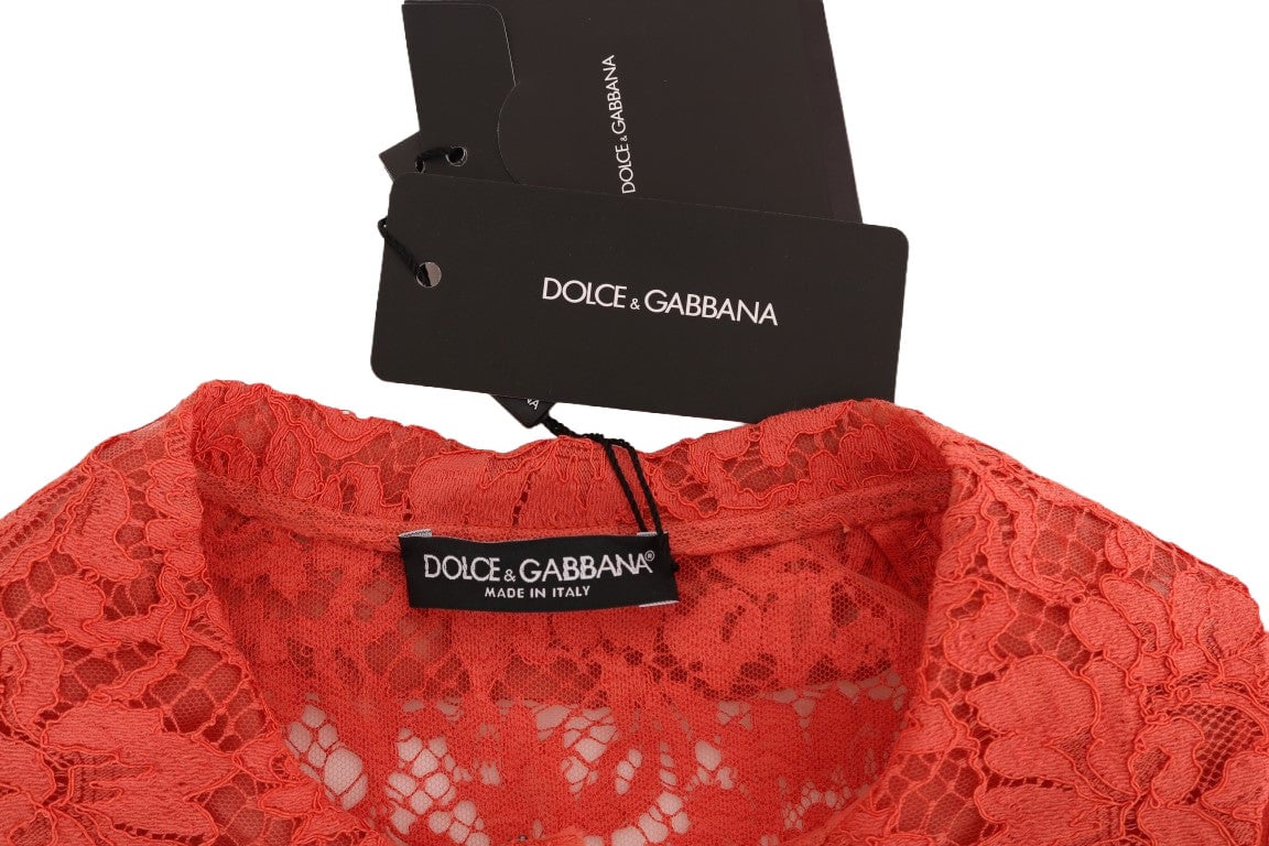 Dolce & Gabbana Orange Crystal Buttons Floral Lace Blouse Oranje