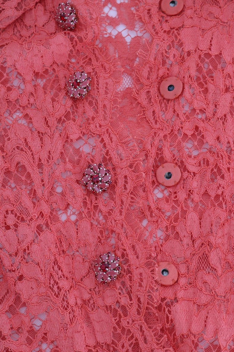 Dolce & Gabbana Orange Crystal Buttons Floral Lace Blouse Oranje