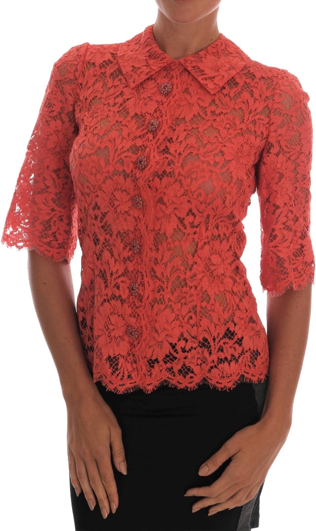 Dolce & Gabbana Orange Crystal Buttons Floral Lace Blouse Oranje