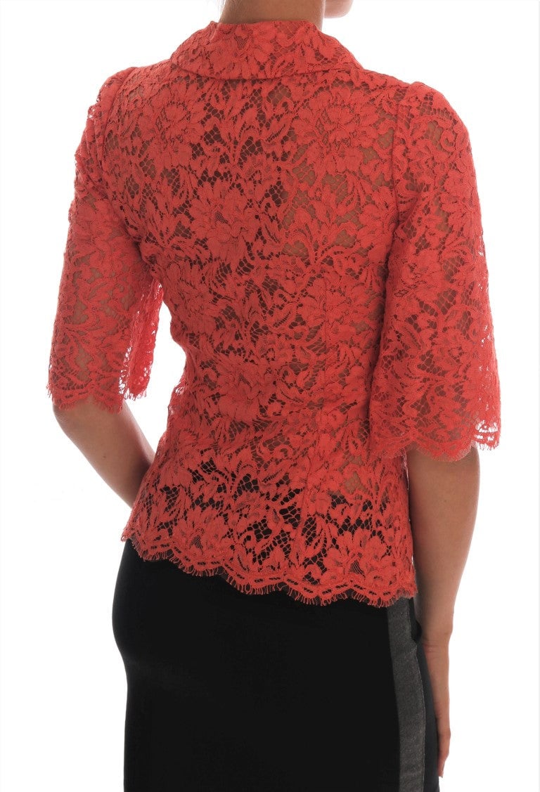 Dolce & Gabbana Orange Crystal Buttons Floral Lace Blouse Oranje