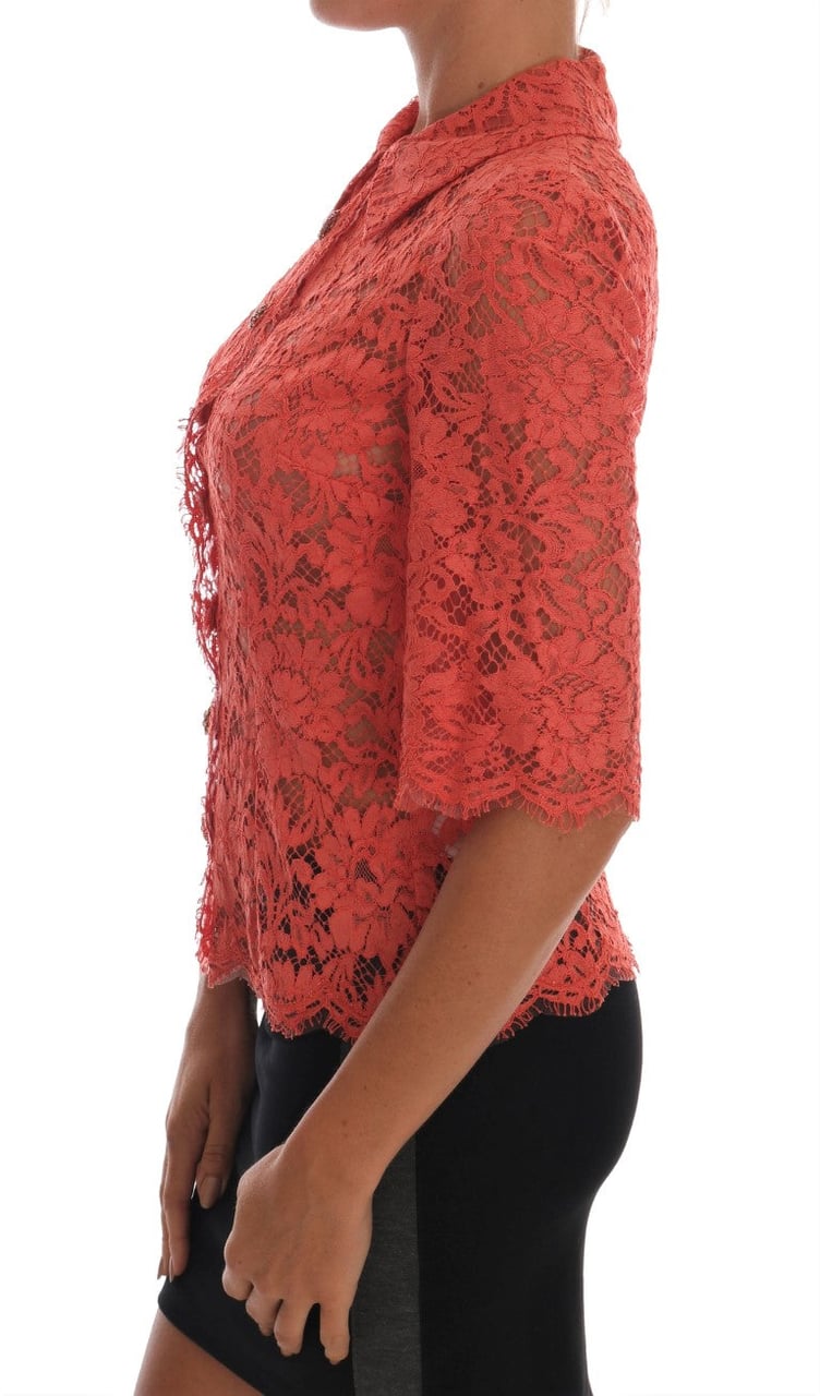 Dolce & Gabbana Orange Crystal Buttons Floral Lace Blouse Oranje