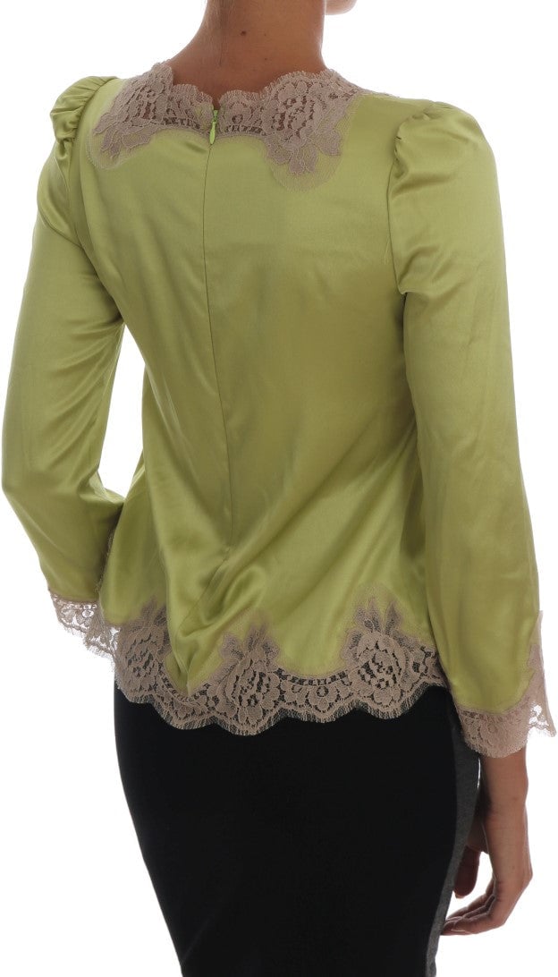Dolce & Gabbana Green Silk Stretch Blouse Top Groen