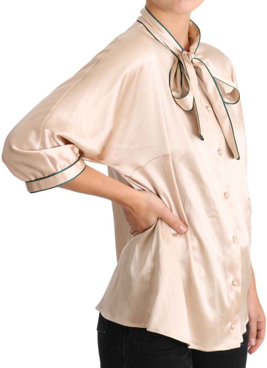 Dolce & Gabbana Beige Ribbon Silk Stretch Top Blouse Beige