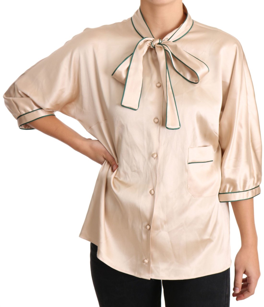 Dolce & Gabbana Beige Ribbon Silk Stretch Top Blouse Beige