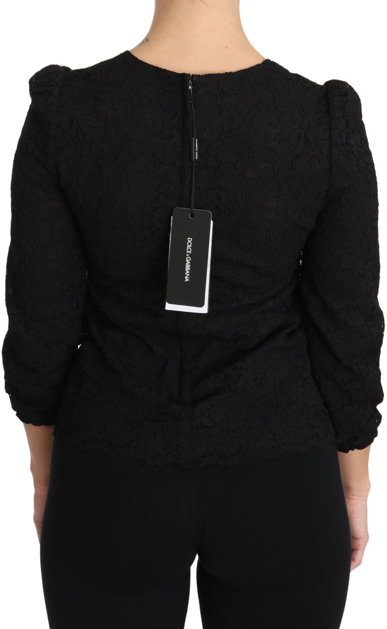 Dolce & Gabbana Black Floral Lace Zipper Top Blouse Zwart