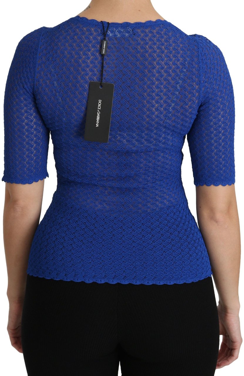 Dolce & Gabbana Blue See Through Round Neck Top Viscose Blouse Zwart