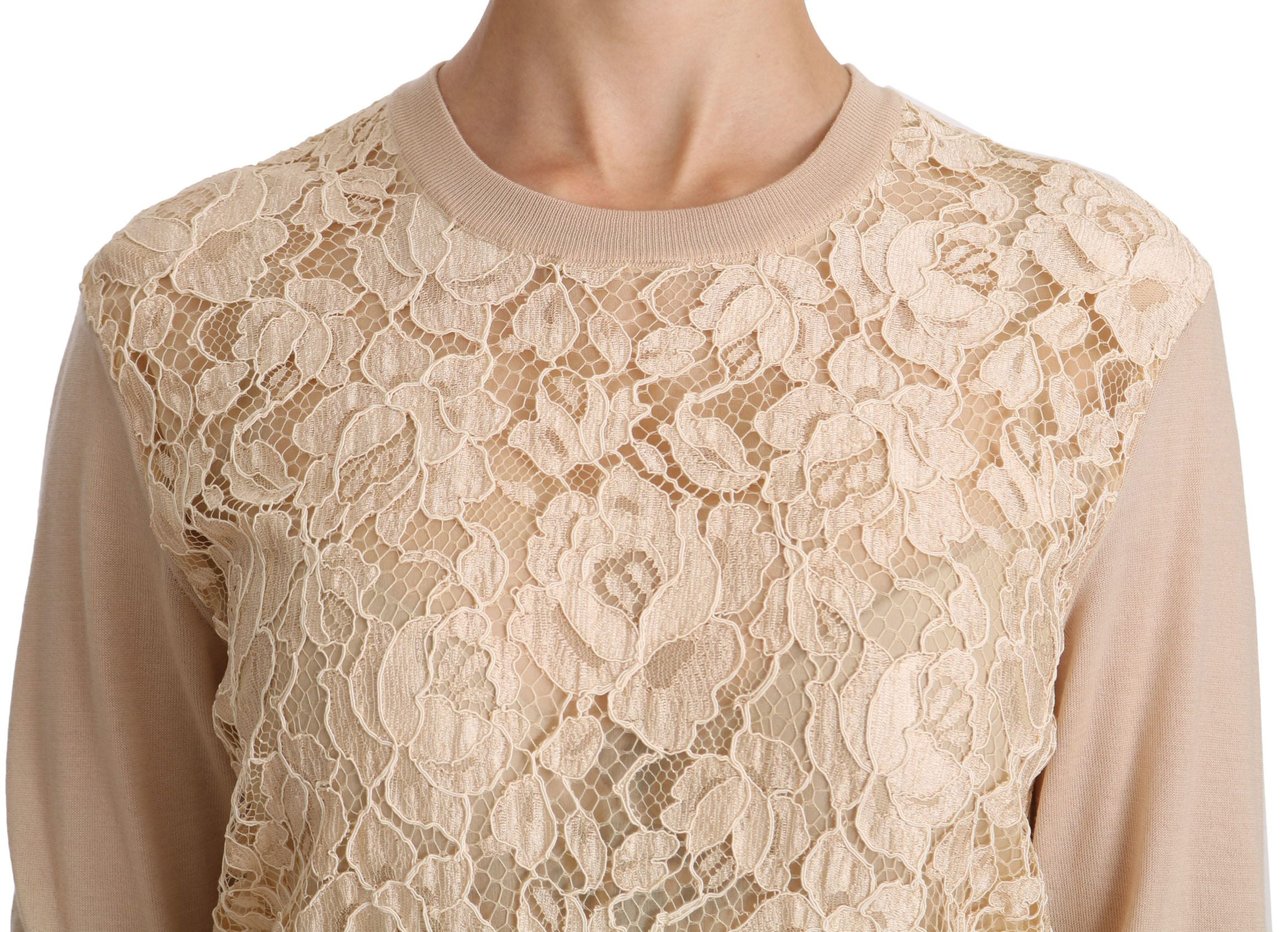 Dolce & Gabbana Beige Lace Long Sleeve Top Cashmere Blouse Beige