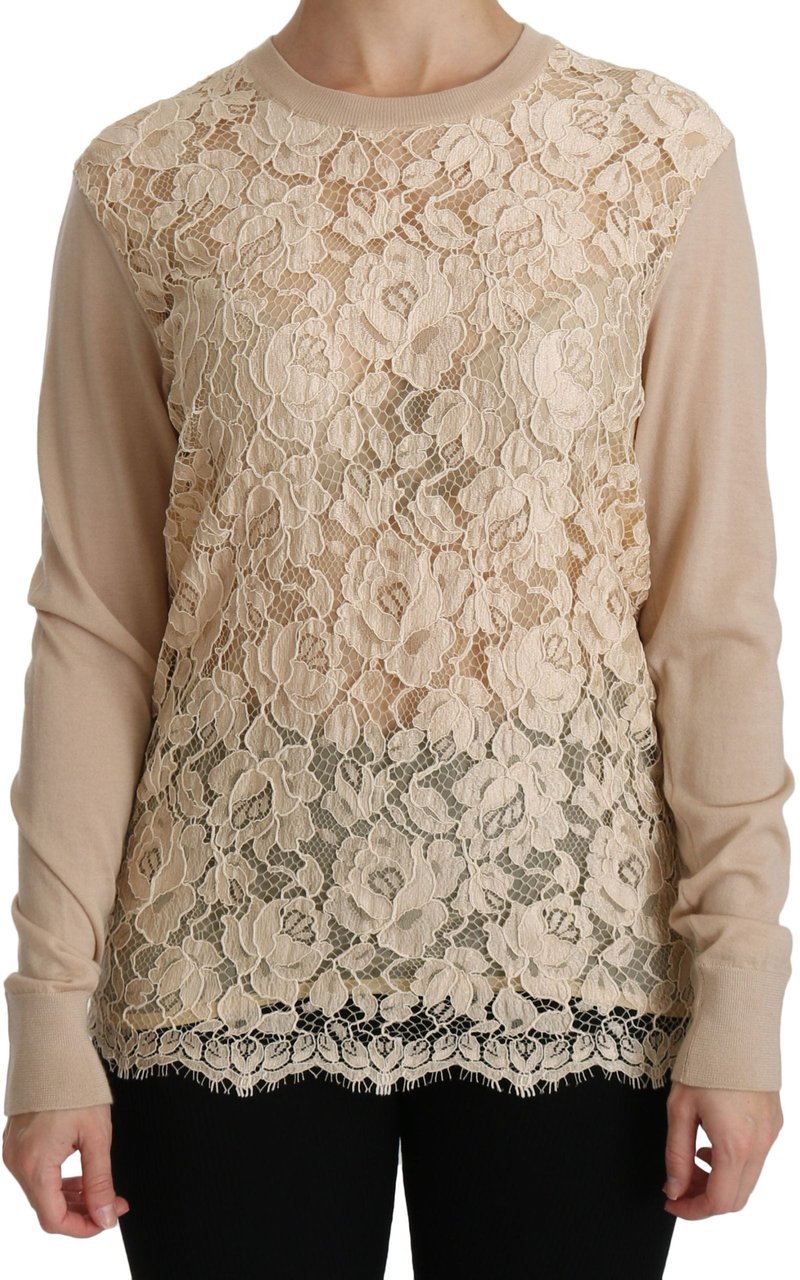 Dolce & Gabbana Beige Lace Long Sleeve Top Cashmere Blouse Beige
