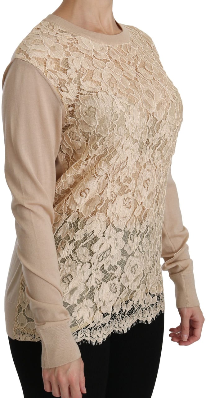 Dolce & Gabbana Beige Lace Long Sleeve Top Cashmere Blouse Beige