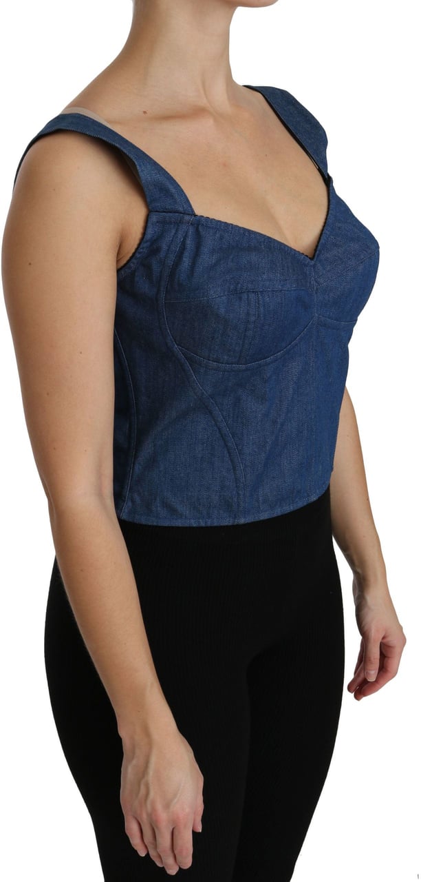 Dolce & Gabbana Blue Sleeveless Bustier Blouse Cotton Top Blauw
