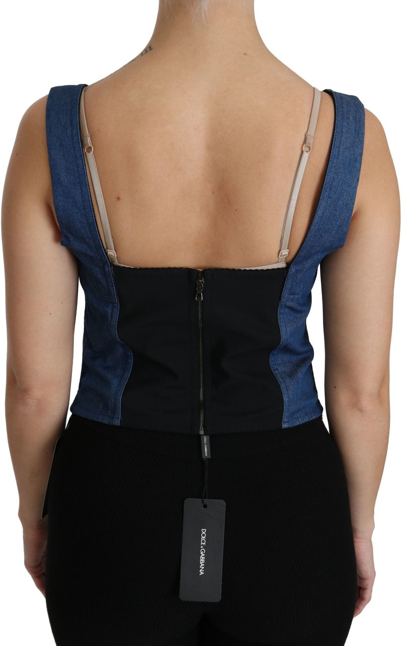 Dolce & Gabbana Blue Sleeveless Bustier Blouse Cotton Top Blauw