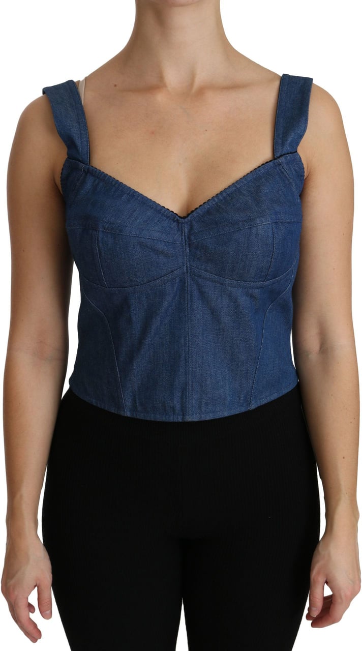 Dolce & Gabbana Blue Sleeveless Bustier Blouse Cotton Top Blauw