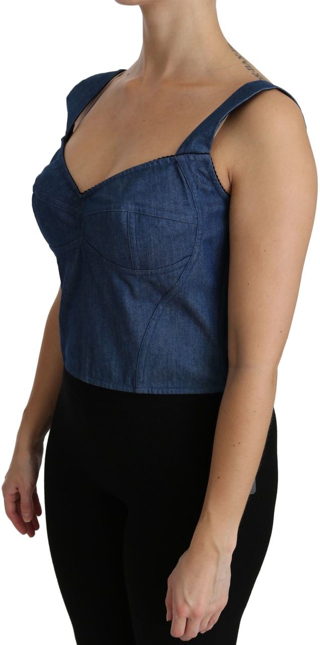 Dolce & Gabbana Blue Sleeveless Bustier Blouse Cotton Top Blauw