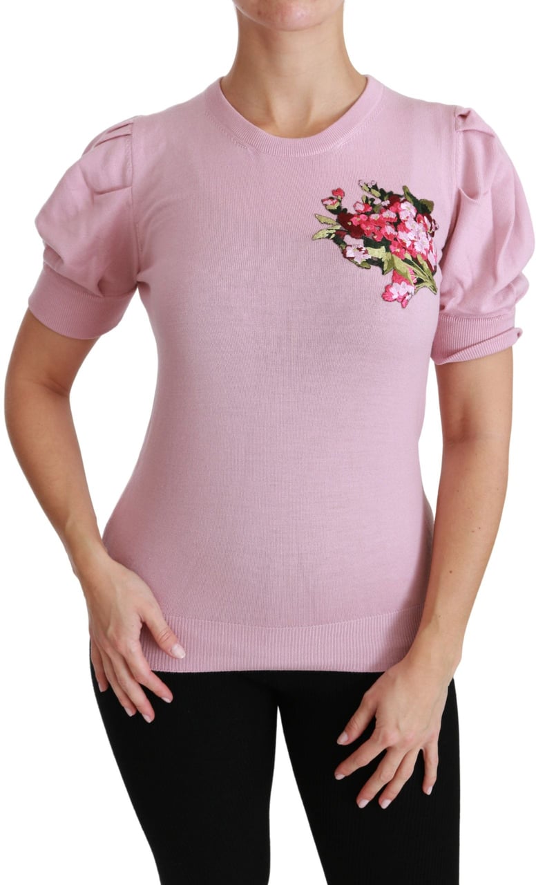 Dolce & Gabbana Pink Floral Embroidered Blouse Wool Top Roze