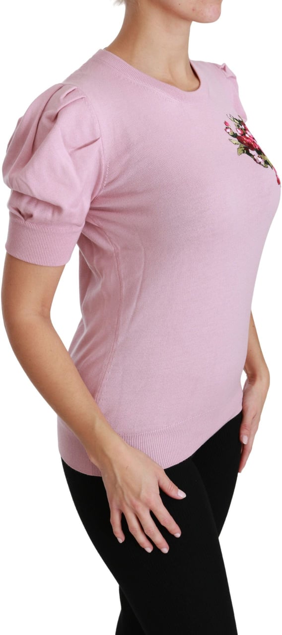 Dolce & Gabbana Pink Floral Embroidered Blouse Wool Top Roze