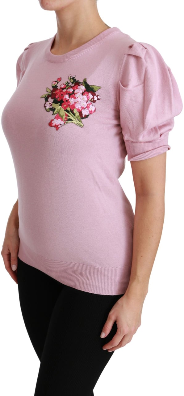 Dolce & Gabbana Pink Floral Embroidered Blouse Wool Top Roze