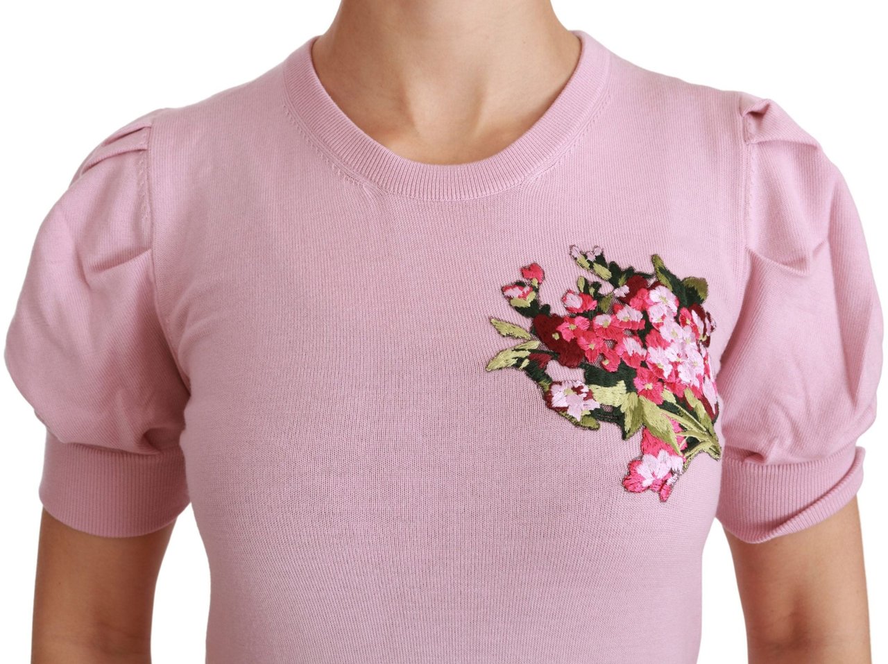 Dolce & Gabbana Pink Floral Embroidered Blouse Wool Top Roze
