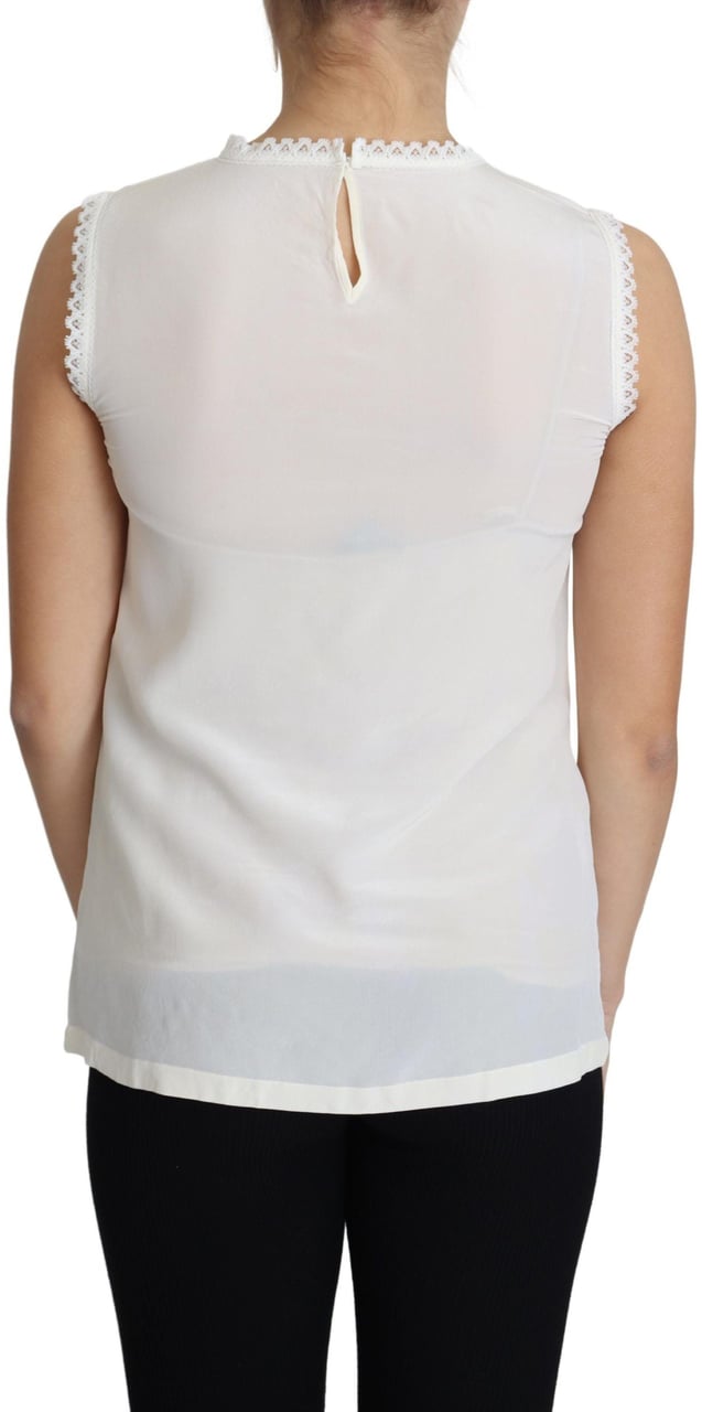 Dolce & Gabbana White Blouse Silk Lace Trimmed Sleeveless Top Wit