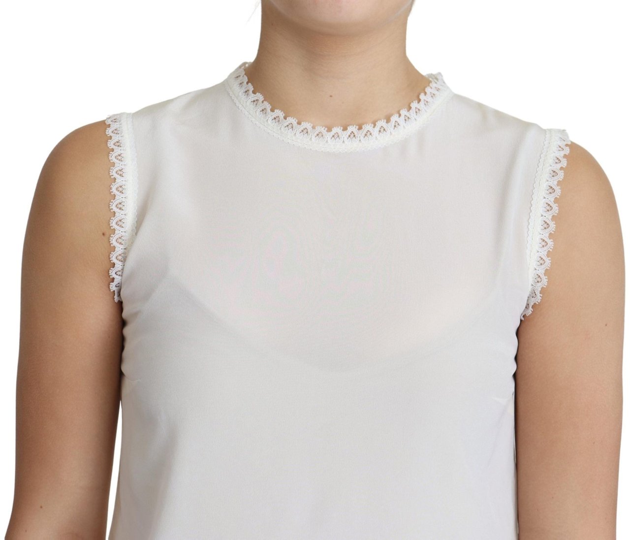 Dolce & Gabbana White Blouse Silk Lace Trimmed Sleeveless Top Wit