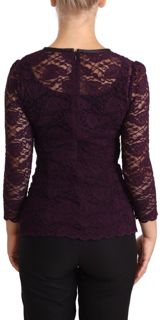 Dolce & Gabbana Purple Lace Long Sleeve Top Blouse Paars