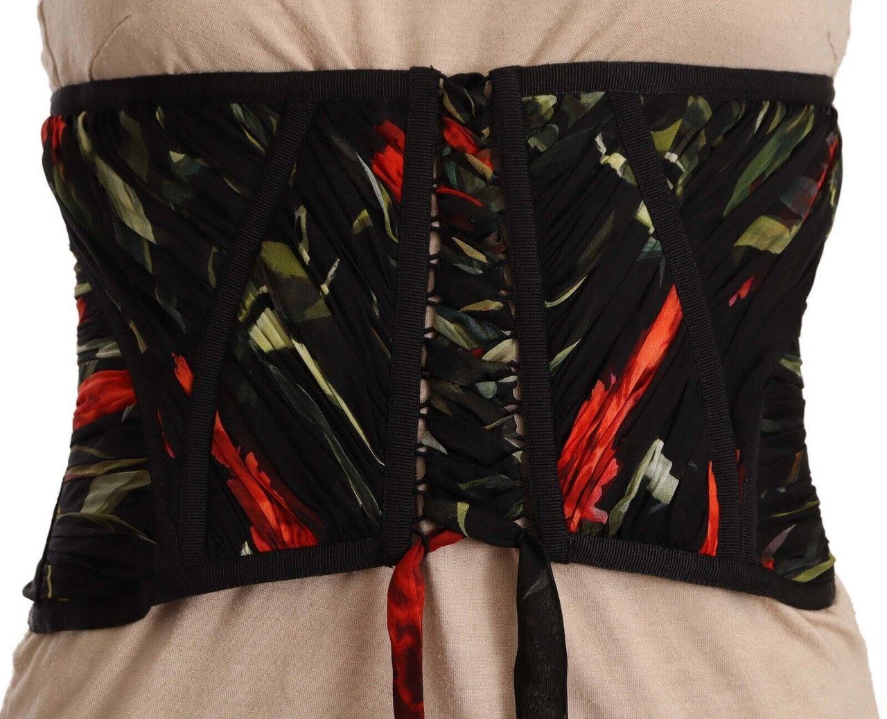 Dolce & Gabbana Black Corset Belt Stretch Waist Strap Silk Top Zwart