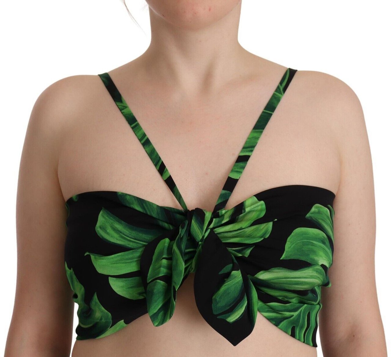 Dolce & Gabbana Black Green Leaf Silk Halter Cropped Top Zwart