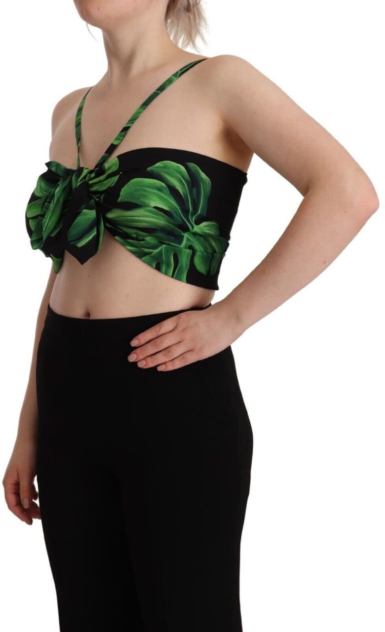 Dolce & Gabbana Black Green Leaf Silk Halter Cropped Top Zwart