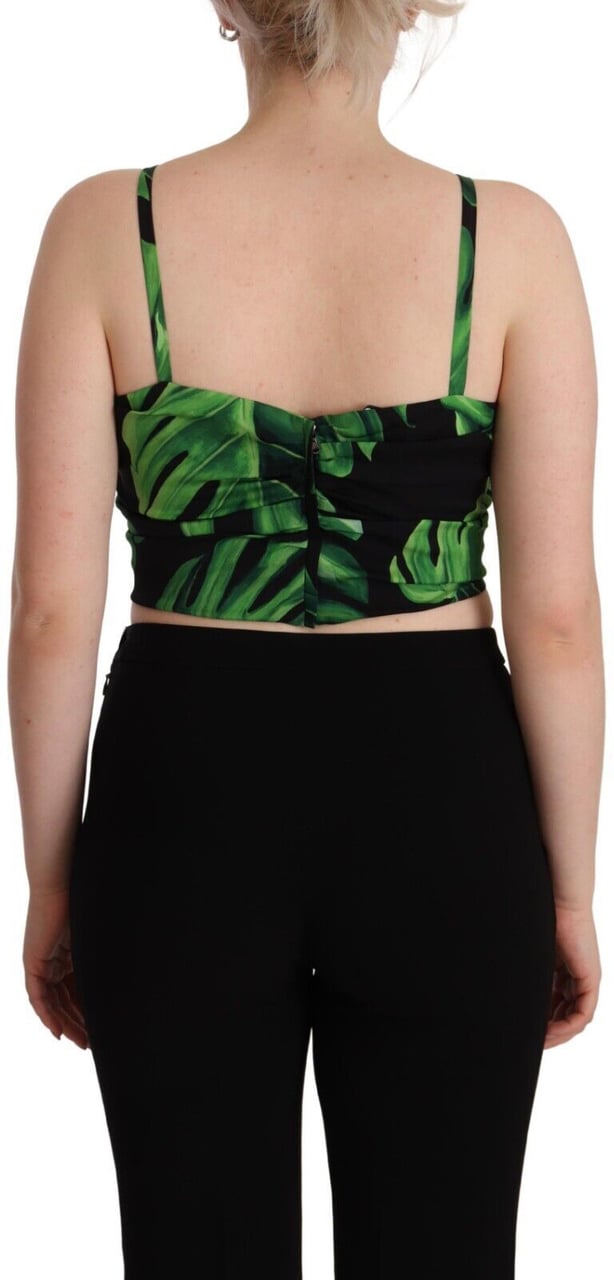 Dolce & Gabbana Black Green Leaf Silk Halter Cropped Top Zwart