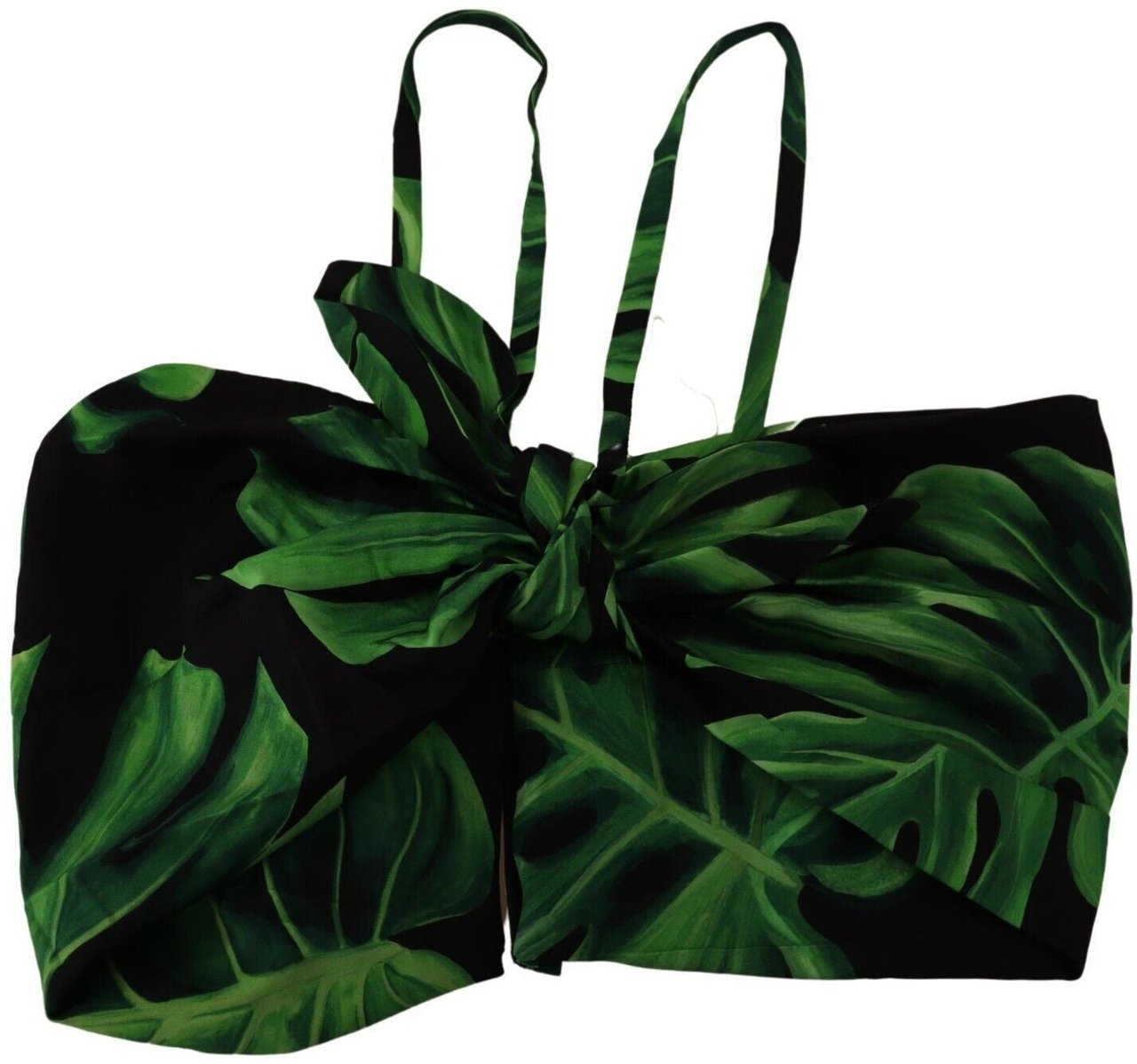 Dolce & Gabbana Black Green Leaf Silk Halter Cropped Top Zwart