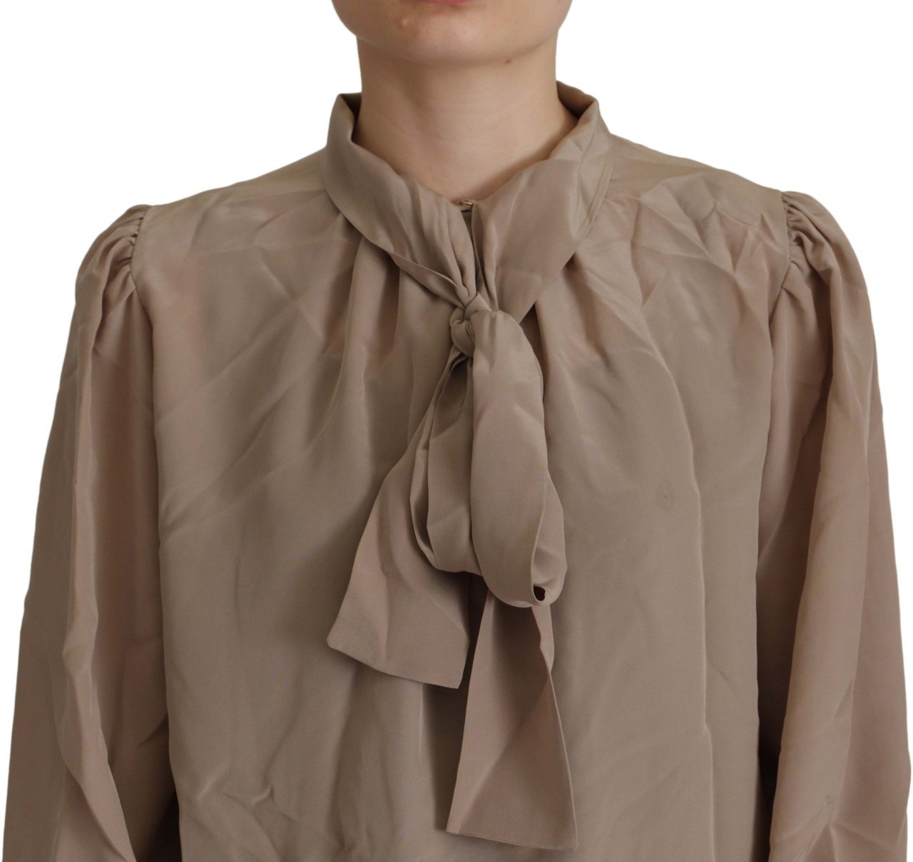 Dolce & Gabbana Brown Waistband Sleeves Ascot Collar Top Blouse Bruin