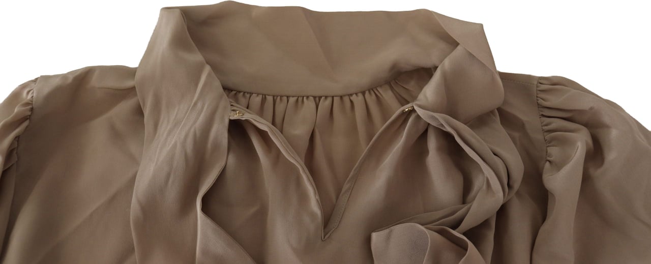Dolce & Gabbana Brown Waistband Sleeves Ascot Collar Top Blouse Bruin