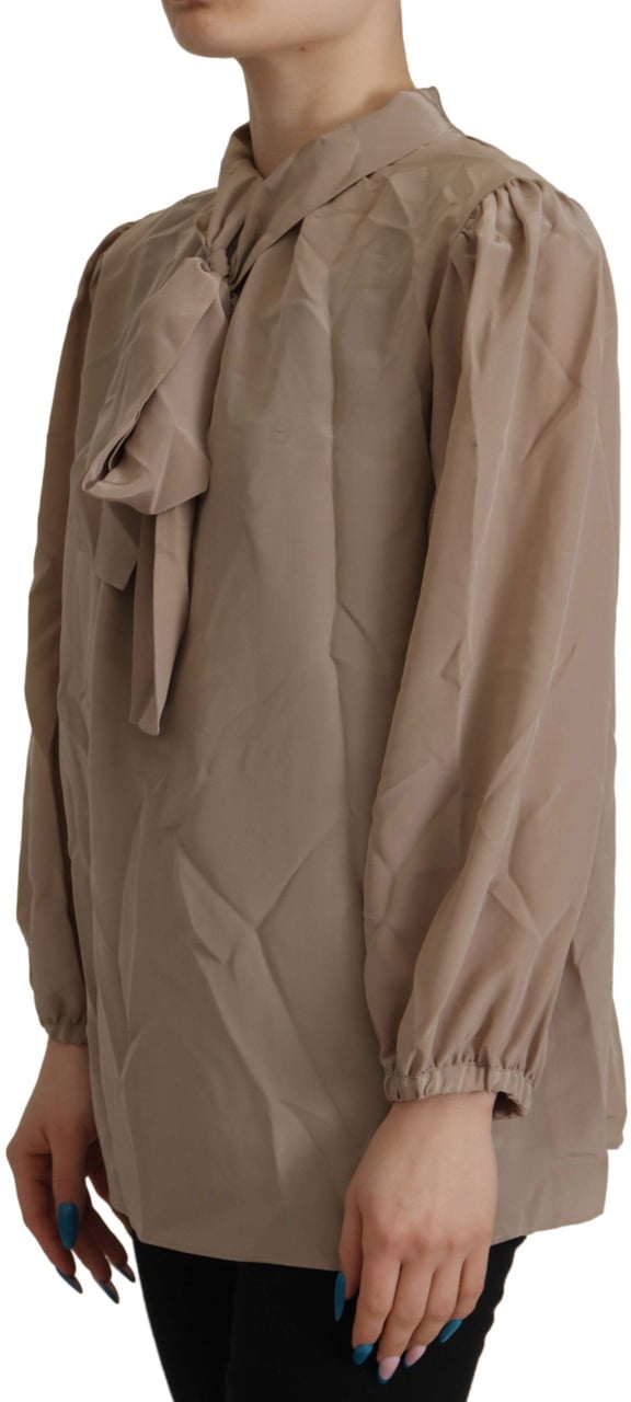 Dolce & Gabbana Brown Waistband Sleeves Ascot Collar Top Blouse Bruin