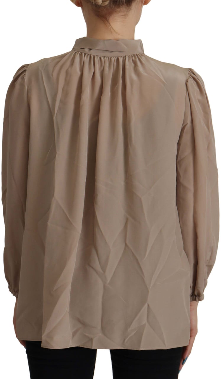 Dolce & Gabbana Brown Waistband Sleeves Ascot Collar Top Blouse Bruin