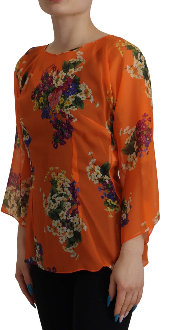 Dolce & Gabbana Orange Floral Print Long Sleeve Blouse Oranje