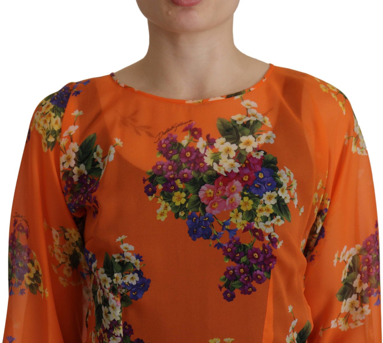 Dolce & Gabbana Orange Floral Print Long Sleeve Blouse Oranje