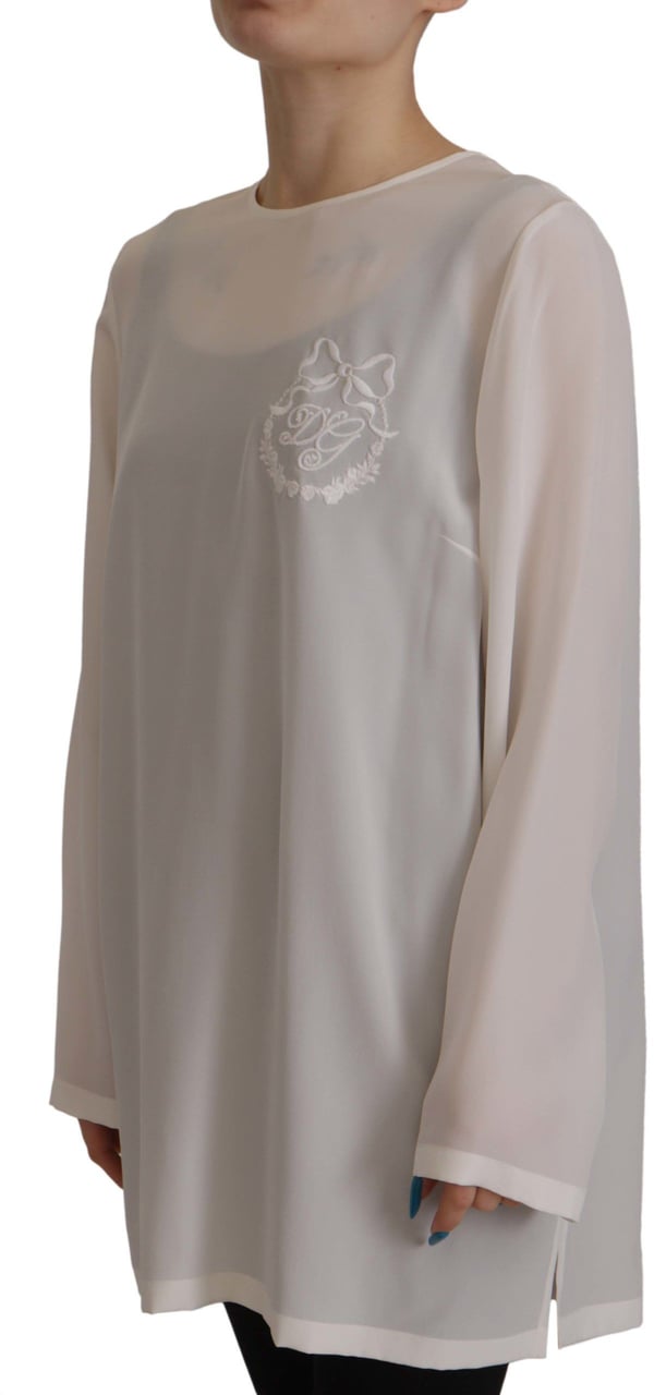 Dolce & Gabbana White Silk DG Logo Embroidered Long Sleeves Blouse Wit