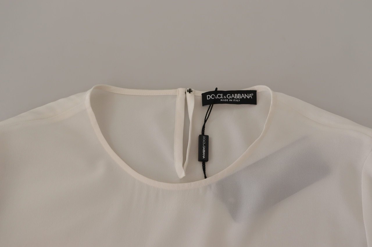 Dolce & Gabbana White Silk DG Logo Embroidered Long Sleeves Blouse Wit