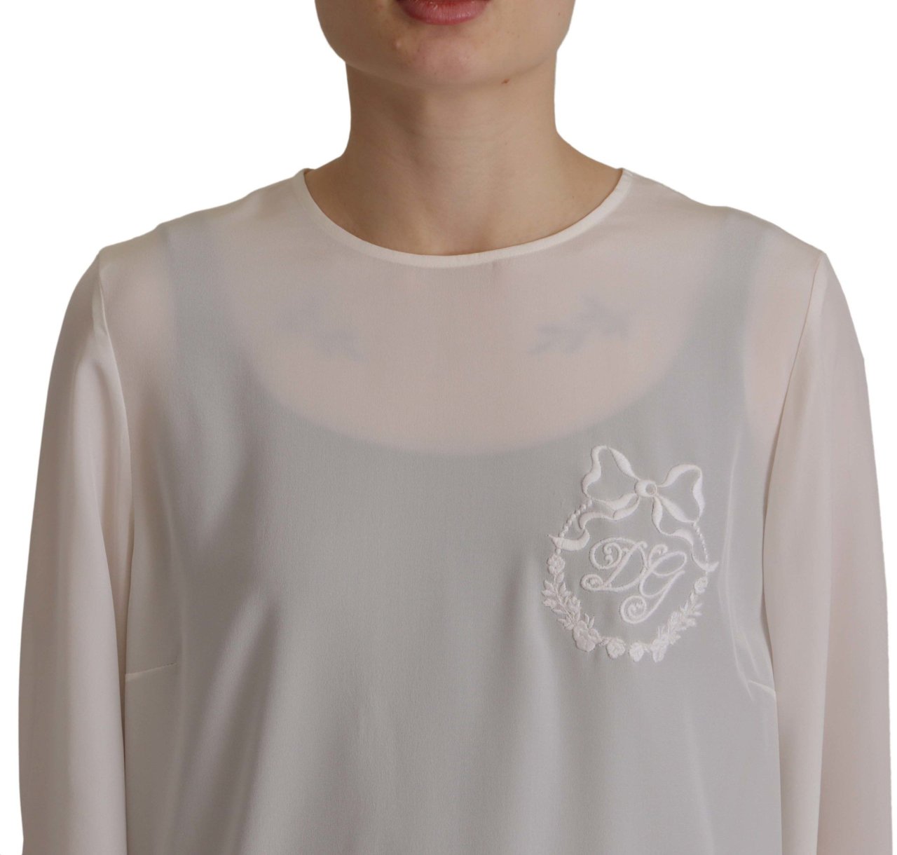 Dolce & Gabbana White Silk DG Logo Embroidered Long Sleeves Blouse Wit
