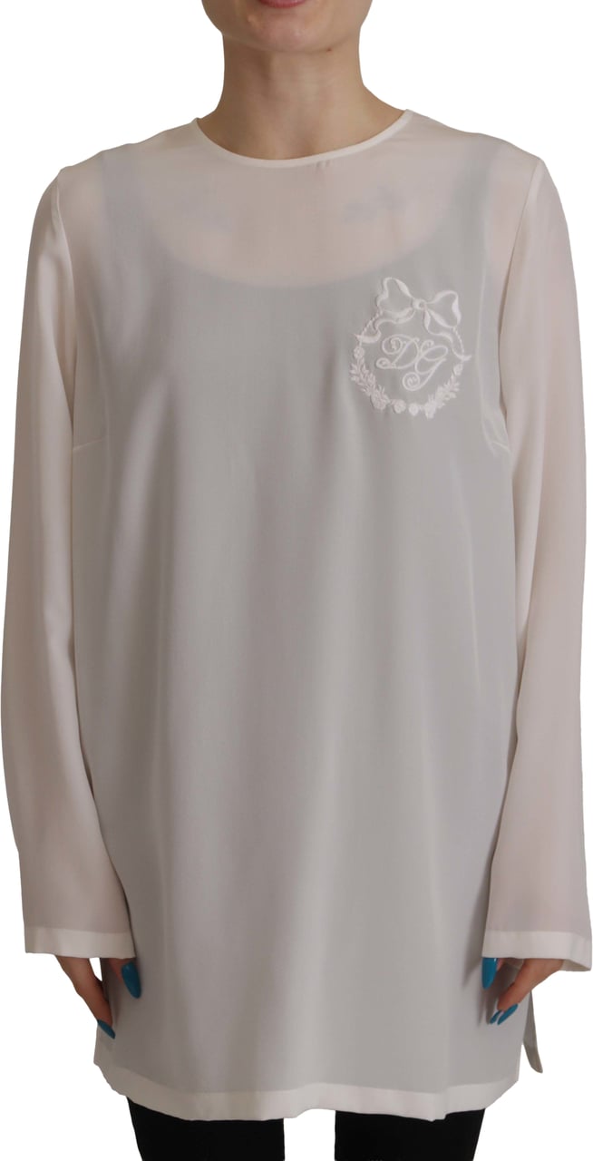 Dolce & Gabbana White Silk DG Logo Embroidered Long Sleeves Blouse Wit