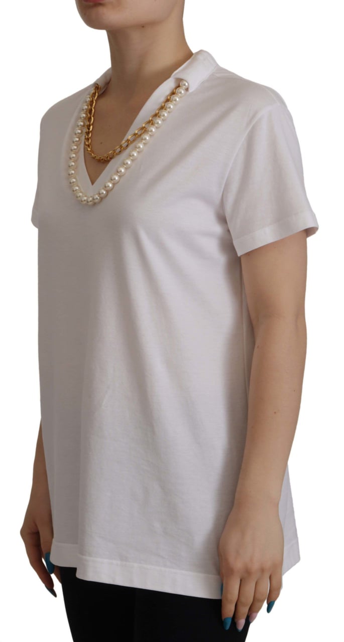 Dolce & Gabbana White Necklace Embellished Neckline T-shirt Top Wit