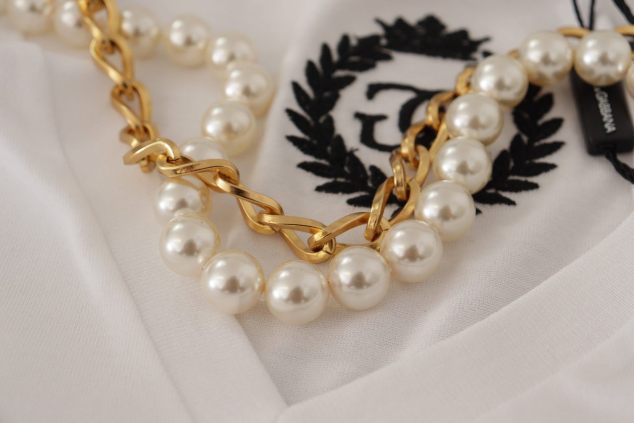 Dolce & Gabbana White Necklace Embellished Neckline T-shirt Top Wit
