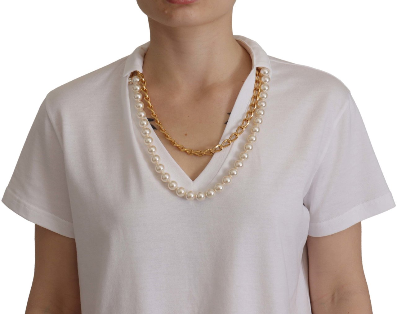 Dolce & Gabbana White Necklace Embellished Neckline T-shirt Top Wit