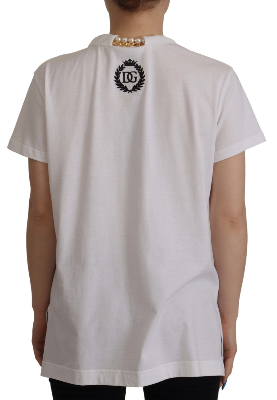 Dolce & Gabbana White Necklace Embellished Neckline T-shirt Top Wit