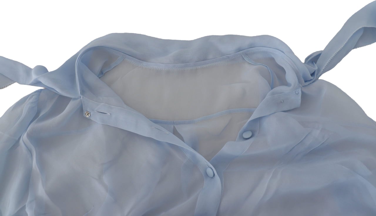 Dolce & Gabbana Light Blue Silk Ascot Collar Long Sleeves Top Blauw