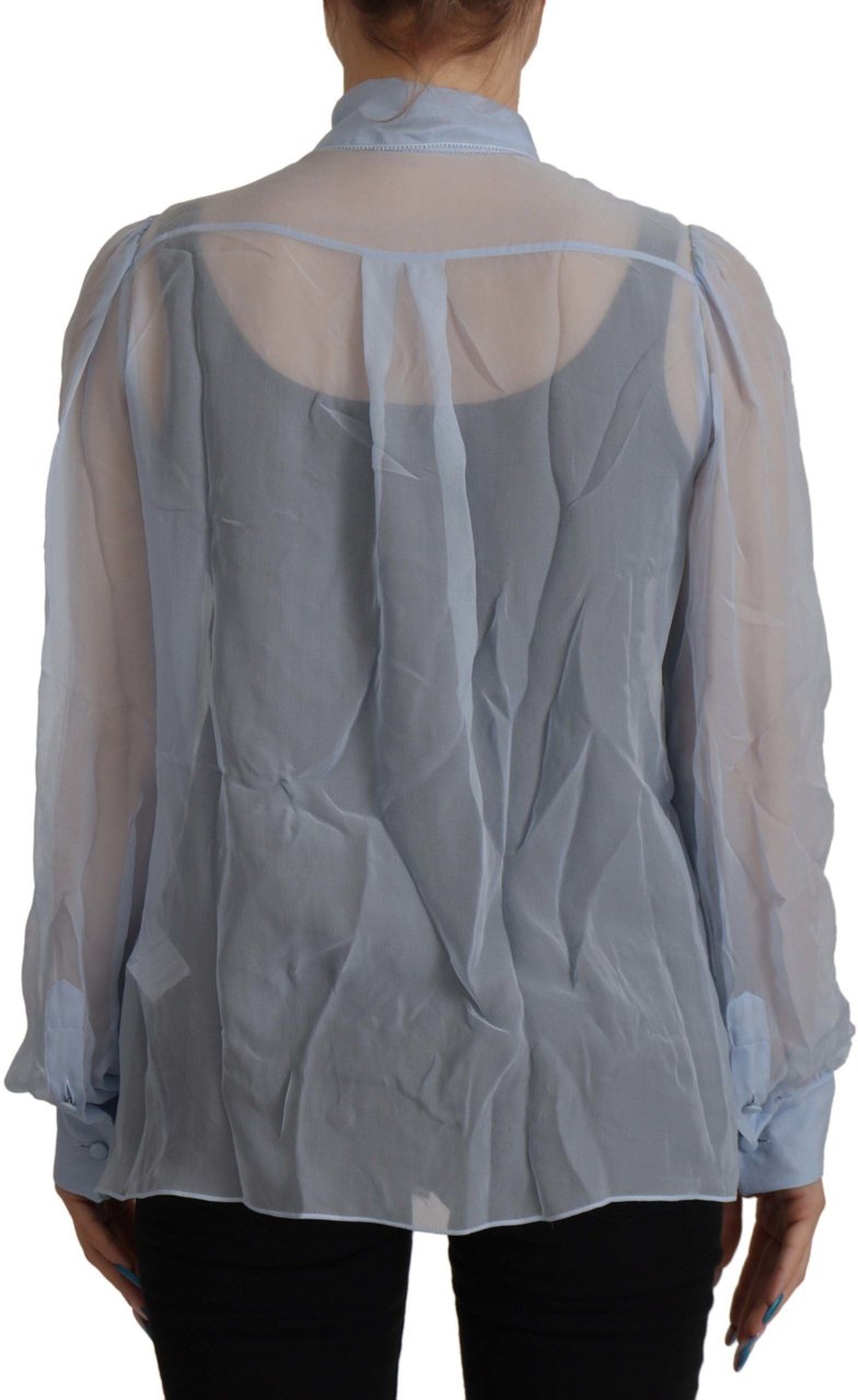 Dolce & Gabbana Light Blue Silk Ascot Collar Long Sleeves Top Blauw
